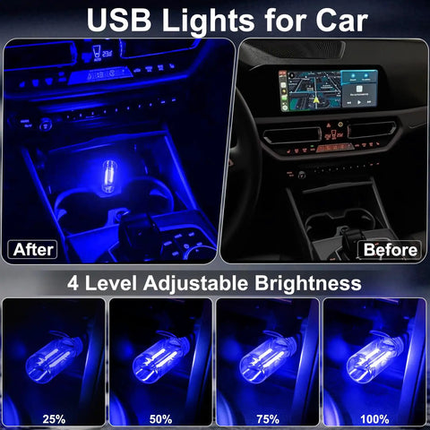 Two Pack USB Car Lights, Touch Dimmable Retro Glass Bottle LED Night Lights illuminating car interior at different brightness levels