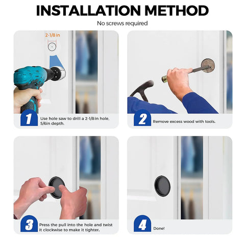 Installation guide for 4 Pack Closet Door Finger Pulls For 2-1/8 Inch Holes Stainless Steel Sliding Door Hardware with easy snap-in installation.