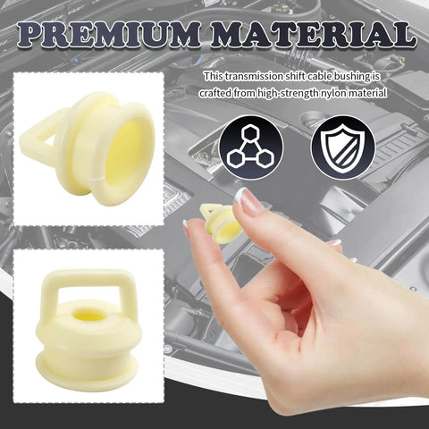 Hand holding Two Piece Shifter Bushing Kit OEM 14092 for Transmission Shift Cable Replacement, displayed with engine background.