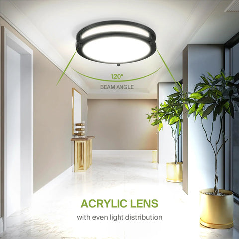 Bright 12 Inch Round Flush Mount LED Ceiling Light With 3 CCT Dimmable Modes installed in modern hallway, 120° beam angle
