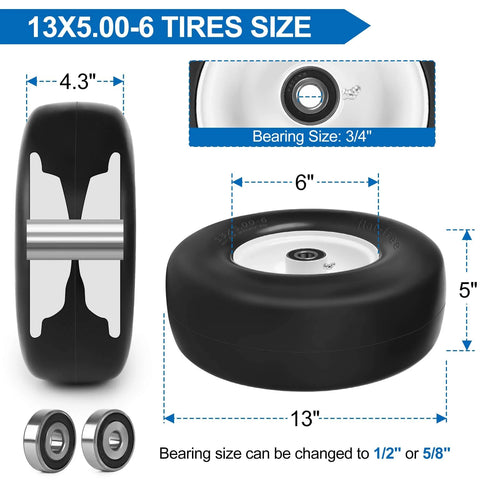 Diagram of Flat Free 13x5 Front Lawn Mower Tires for Zero Turn Mowers, showing dimensions and adapter options.