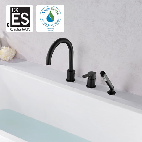 Matte Black Roman Bathtub Faucet For 3 Hole Deck Mount Installation With Brass Handheld Shower Sprayer 59 Inch Hose