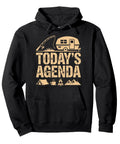 Wilderness Explorer Camp Pullover Hoodie For RV Camping Fans with graphic print "Today's Agenda" in tan on black fabric.