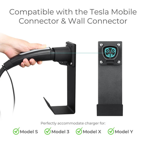 Tesla NACS Electric Vehicle Charger Nozzle Holster Dock And J Hook For Cable Management shown with hand holding charger