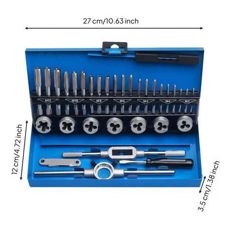 Ultimate Hand Thread Cutting Tap And Die Repair Kit For Bolts Nuts Make Fastener Jobs A Breeze With Alloy Steel Build Perfect For Shop Garage Vibes., blue metal tap and die set in case, M3-M12, for bolt and thread repair