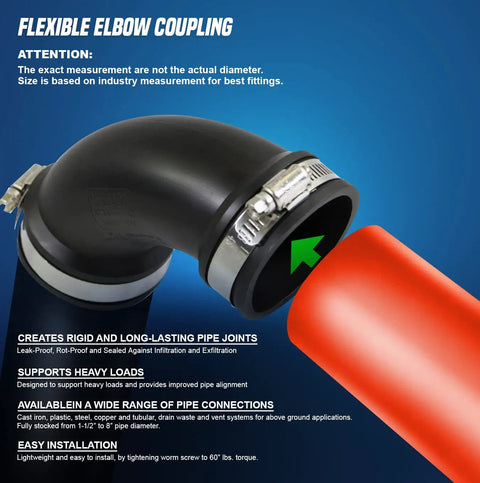 Flexible Elbow Coupling With Stainless Steel Clamps For 4 Inch Nominal Pipe 4.5 Inch Inner Diameter Built To Last Durable DWV Sewer And Drain Connector For Cast Iron Plastic Copper Lead And Steel Indoor Outdoor Black, black elbow coupling with clamp and pipe