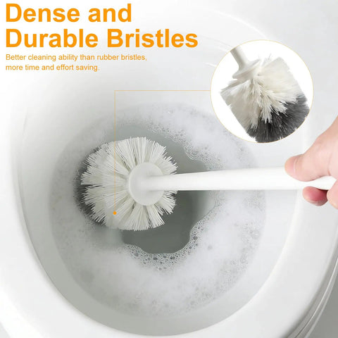 Heavy Duty Toilet Plunger And Brush Set With Nifty Hideaway Stand, showing dense bristles cleaning a toilet bowl.