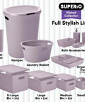 Level Up Your Nest With These Dope Ribbed Plastic Storage Bins A Set Of Eight Spacious Open Baskets Perfect For Closet Organization And Home Shelving Vibes, showcasing lilac ribbed storage bins and accessories.