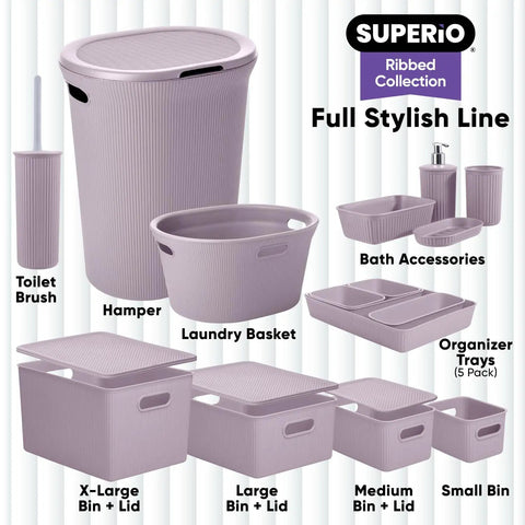 Level Up Your Nest With These Dope Ribbed Plastic Storage Bins A Set Of Eight Spacious Open Baskets Perfect For Closet Organization And Home Shelving Vibes, showcasing lilac ribbed storage bins and accessories.
