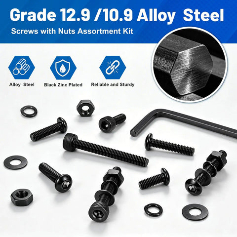 The Whole Shebang M3 Hex Socket Screw And Cap Head Bolt Assortment Kit With Matching Nuts And Washers 3400 Piece Metric Fastener Bundle with black zinc plated screws.