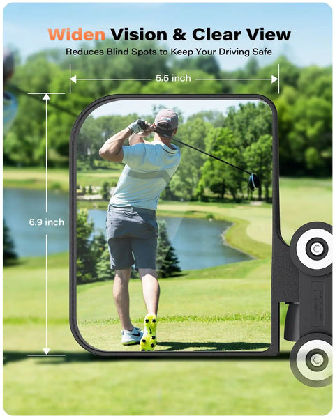 Heavy Duty Magnetic Golf Cart Side Mirrors That Snap Straight On Without Drilling Holes For Crystal Clear Wide Angle Sightlines And No Sweat Rear Navigation Today, showing wide clarity with a golfer.