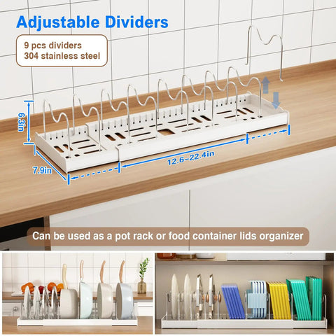 Expandable Two Pack Under Cabinet Pots And Pans Organizer with 9 adjustable dividers, 22-inch white on counter.
