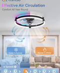 20 Inch Low Profile Ceiling Fan With Lights And Remote, Flush Mount Fandelier, Dual Ring Lit RGB Mood Lighting, shown in living room