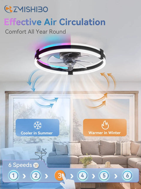 20 Inch Low Profile Ceiling Fan With Lights And Remote, Flush Mount Fandelier, Dual Ring Lit RGB Mood Lighting, shown in living room