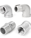 Front view of 4-piece 304 stainless steel pipe fittings set: two 90-degree elbows and two threaded adapters, 3/8 in NPT