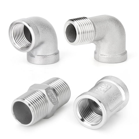 Front view of 4-piece 304 stainless steel pipe fittings set: two 90-degree elbows and two threaded adapters, 3/8 in NPT