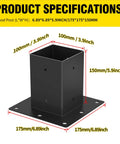 Diagram of Heavy Duty 4x4 Post Bases Set Of 2 With Inner 3.6x3.6 Inch Fit Black Powder Coated Metal Brackets, size details shown.