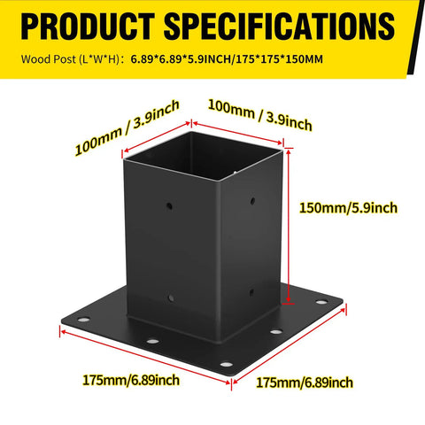 Product specifications for Built Tough 4x4 Post Base Brackets 6 Pack, 14 Gauge Steel With Black Powder Coat, Rust Resistant, Easy Install