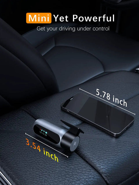 FHD 1080P Car Dash Cam With Night Vision 150 Degree Wide Angle 6G Lens placed on car seat next to smartphone