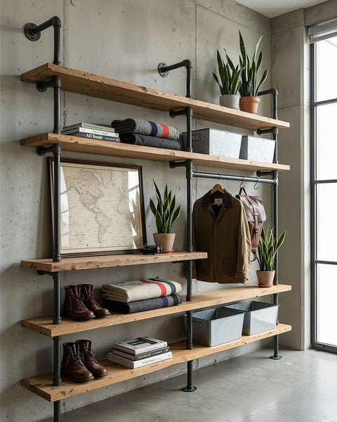 DIY steampunk industrial shelves using 20 Pack One Half Inch Malleable Cast Iron Pipe Flanges For Threaded Black Pipes And Fittings.