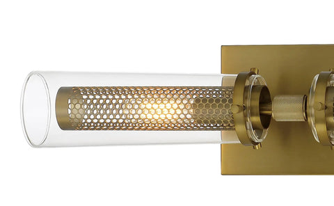 Close-up of Emmerham Vanity Bath Light Two Light Fixture In Soft Brass 120 Total Watts with clear glass and metal detail