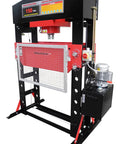 Pro Grade Heavy Duty 150 Ton Electric Hydraulic Shop Press with adjustable ram, showing robust steel frame and mobile carriage.