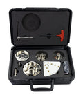 Open-case view of DEEFIINE 4-inch wood lathe chuck set; nickel-plated 4-jaw chucks with 1-1/4x8tpi thread and 1x8tpi adapter.