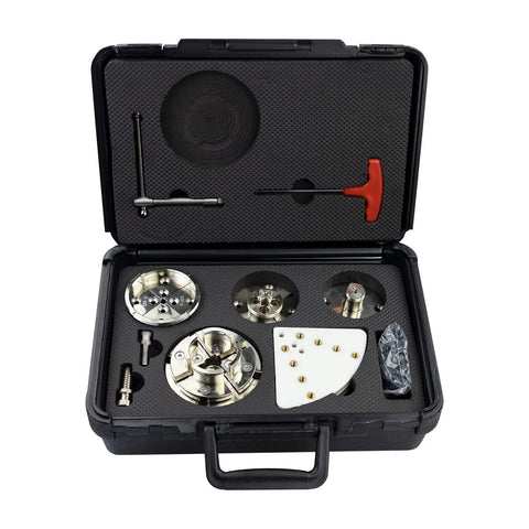 Open-case view of DEEFIINE 4-inch wood lathe chuck set; nickel-plated 4-jaw chucks with 1-1/4x8tpi thread and 1x8tpi adapter.