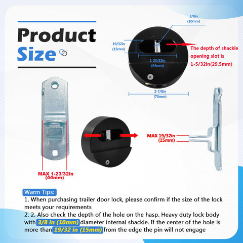 Three Pack Puck Locks for Trailers Keyed Alike 2-7/8 Inch Hidden Shackle Padlocks dimensions and parts display