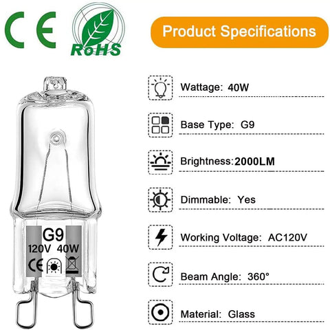 Detailed image of G9 Halogen Bulb 40 Watt 120 Volt Dimmable T4 Bi Pin Base with product specifications and features.