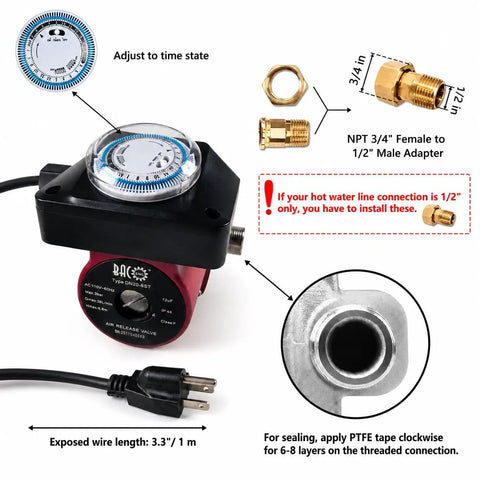 Hot Water Recirculating Pump With Automatic Timer And Stainless Steel Housing For Tank Heaters components and instructions layout.