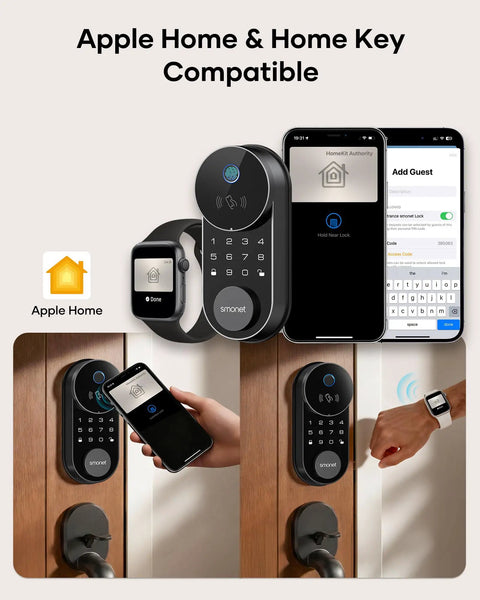 Smart Front Door Lock Set With Built In Wifi Bluetooth Deadbolt Featuring Rapid Print Fingerprint Scanner App And Voice Control for easy access with Apple Home and smartwatch.