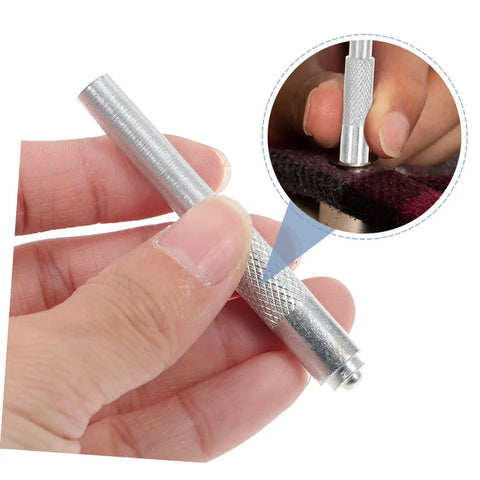 Badass Button Snap Tool Kit For Leather Jeans And Canvas With Sturdy Grommet Fastener Heavy Duty Metal Snaps setting tool in hand.