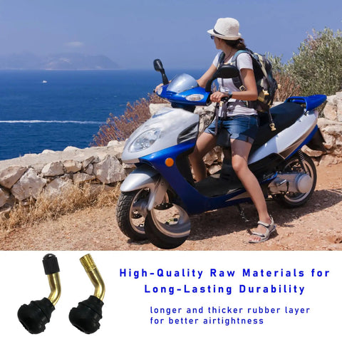 Two Pack PVR50 Valve Stem Set Bent 135 Degree Angled Snap In Tubeless Tire Valve Stems Brass With Rubber Base Motorcycle