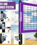 Portable Volleyball Net Set With Adjustable Steel Poles, Anti Sag Winch System, Easy Setup Pump, Boundary Lines, And Carry Bag For Backyard Beach Or Lawn Hangouts All Weather Outdoor Fun featuring purple net and winch detail.