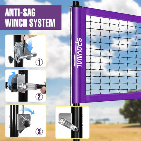 Portable Volleyball Net Set With Adjustable Steel Poles, Anti Sag Winch System, Easy Setup Pump, Boundary Lines, And Carry Bag For Backyard Beach Or Lawn Hangouts All Weather Outdoor Fun featuring purple net and winch detail.