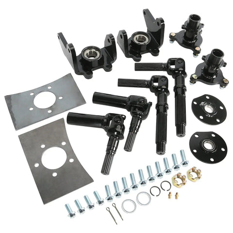 Beefed-Up Front Axle Kit For 4 Wheel Drive Go Karts And Electric ATVs with shock swingarm and half axle assembly parts.