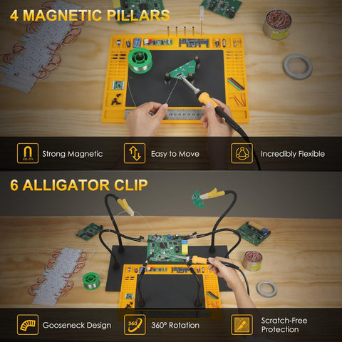 Hands using heavy-duty soldering station with magnetic third-hand rig, non-slip silicone pad, and steel base with accessories.