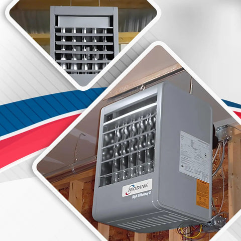 400K BTU Natural Gas Shop Heater With Built In Blower For Safe Indoor Commercial Use High Efficiency Stainless Steel Construction mounted on wall.