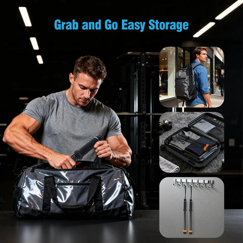 Man packing Two Pack Weighted Cordless Battle Ropes With Adjustable Resistance in a gym bag, ideal for portable workouts.