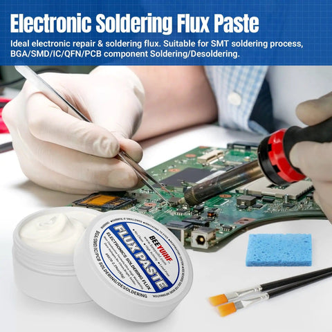 9570 Rosin Soldering Paste Flux No Clean for Electronics applied on circuit board, 2.29oz jar visible with tools