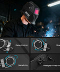 Person welding with Portable 110V Welder Kit With Auto Darkening Helmet 120A Handheld Welder, showing helmet controls and welding sparks