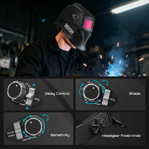 Person welding with Portable 110V Welder Kit With Auto Darkening Helmet 120A Handheld Welder, showing helmet controls and welding sparks