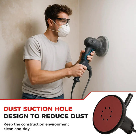Man using Pro Grade 70 Pack 9 Inch Sanding Discs Hook And Loop Self Stick 8 Hole For Drywall Sander Assorted Grits set on wall.