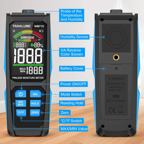 Pinless Wood Moisture Tester for Firewood and Home Projects, Fast Moisture Meter With Easy Readout, Detects Wood Wetness and Leaks, Handy Home Improvement Tool, front and back view