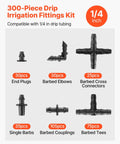 Various components of Ultimate 300 Piece Drip Irrigation Fittings Kit For Quarter Inch Tubing displayed with labels and quantities.