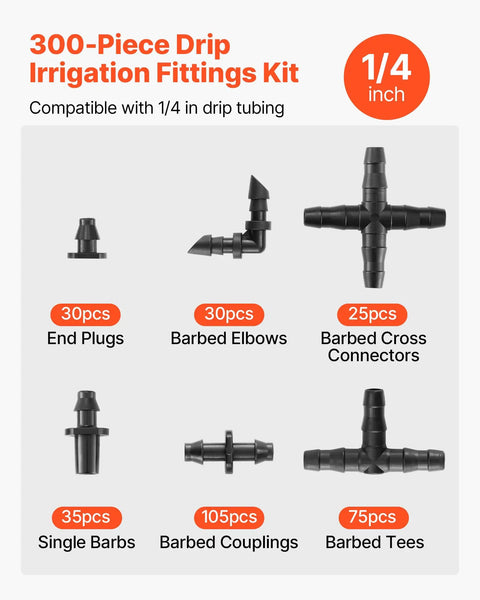 Various components of Ultimate 300 Piece Drip Irrigation Fittings Kit For Quarter Inch Tubing displayed with labels and quantities.