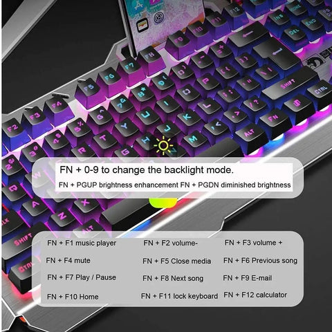 Level Up Your Rig With This Dope Gaming Keyboard And Mouse Combo Featuring Glowing Led Lights Splashproof Design Anti Ghosting Tech And A Snappy 2000 Dpi Optical Mouse Built For Serious PC Gamers, showing backlight modes and function keys.