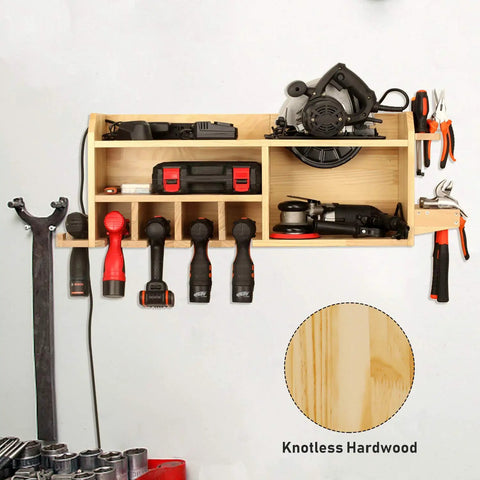 Power Tools Storage And Charging Station With Five Drill Slots Wall Mount Garage Organizer showing circular saw and impact wrench