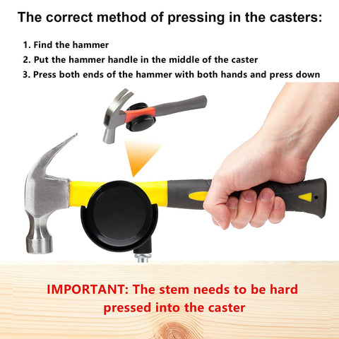 Demonstration of installing Two Inch Caster Wheels Set Of Four With Five Sixteenth Inch Valve Stem using a hammer for secure fit
